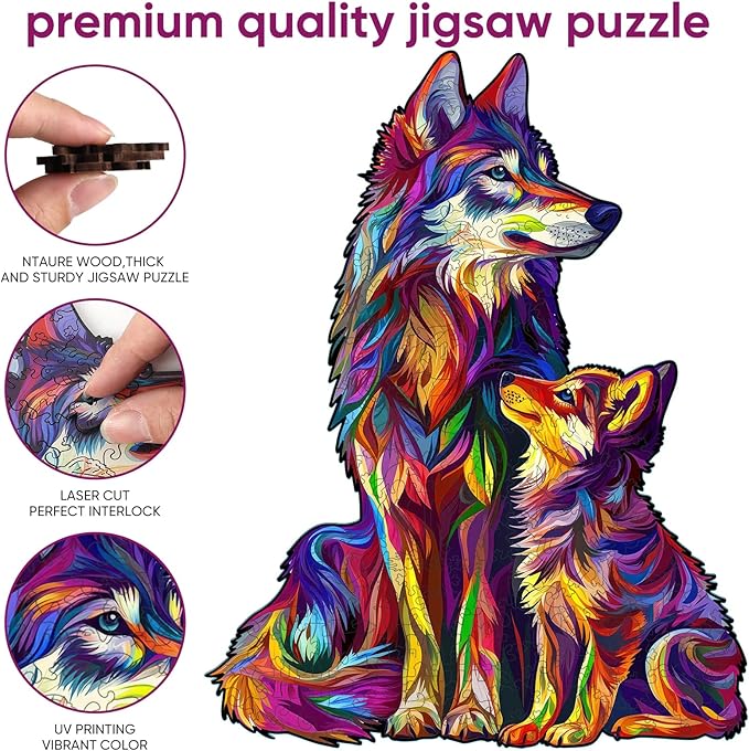 Wooden Puzzles for Adult, Wolf Family Jigsaw Puzzles 200 Pieces, Unique Shaped Animal Wood Adult Puzzle, Best Gifts for Adults and Kids Family Games 9.8 * 12.6inches