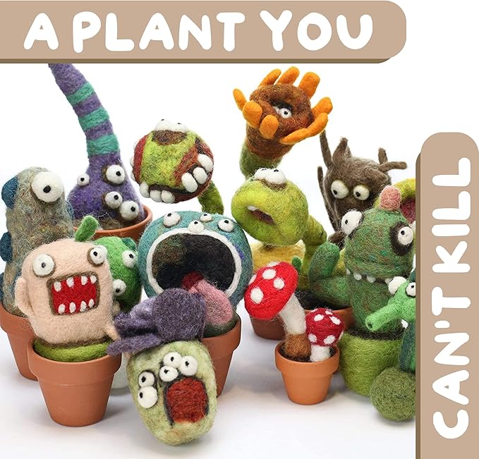 Woolbuddy Needle Felting Kit - Cactus Succulent Monster Design for Beginners Adult, Includes Wool, Supplies, 4 Clay Pots and Clear Instructions