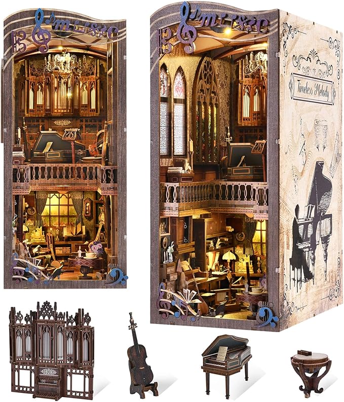 Timeless Melody Book Nook Kit, DIY Miniature Dollhouse Booknook Kit Music, 3D Wooden Puzzle Bookend Bookshelf Insert Decor with LED Light, Mini House Kit for Teens and Adults