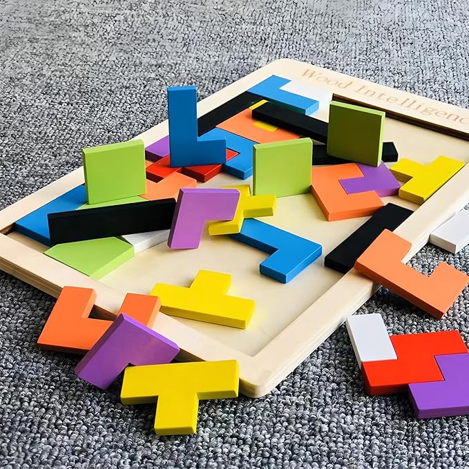 4 Pack Wooden Blocks Puzzles, Russian Blocks, Hexagon Puzzles, Tangrams Puzzles, Board Tic Tac Toe Game, Brain Teasers Toy Logic Game, Montessori STEM Educational Toys Present for Kids and Adults