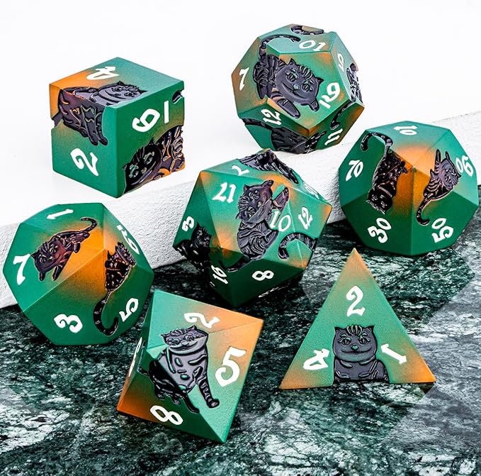 Metal DND Cat Dice 7PCS Polyhedral RPG Dice Set with Gift Case for Dungeons Dragons Role Playing Game, D and D Dice D6 D8 D10 D12 D20 D% (Orange Green)