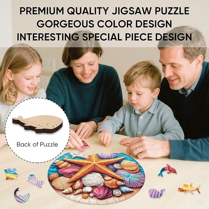 Wooden Puzzles for Adults, Blue Starfish Jigsaw Puzzles, Unique Adult Puzzles 200 Pieces, Wooden Toys Best Gift for Adults and Kids Family Brain Game, 11.2x11.2 inch