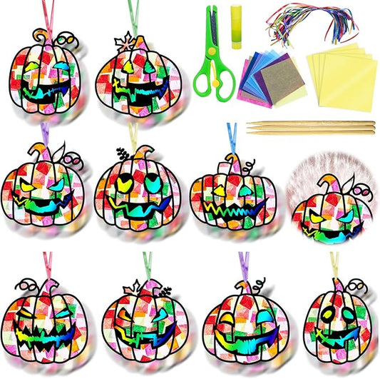 EggSun 36 Sets Halloween Pumpkin Suncatchers Craft Kit for Kids Ornaments Stained Glass Effect Window Arts and Crafts Kit for Classroom Holiday Birthday Projects Home Party Favors Decorations Ages 4 8