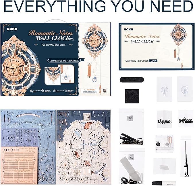 ROKR 3D Puzzles for Adults Vintage Wooden Pendulum Clock Kits 12", Mechanical Building Model Kits DIY Wall Clock Hobbies for Adults Home Decor Gifts for Teens