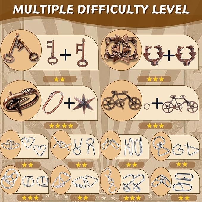 Rileryan 16 PCS Wooden Metal Brain Teasers for Adults 3D Brain Teasers Wooden Cube