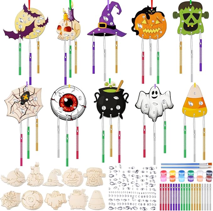 30 Pack Halloween Wind Chime Making Kit for Kids Make Your Own Halloween Wind Chime Ghost Pumpkin Bats DIY Crafts Wooden Ornaments for Activity Birthday Decoration