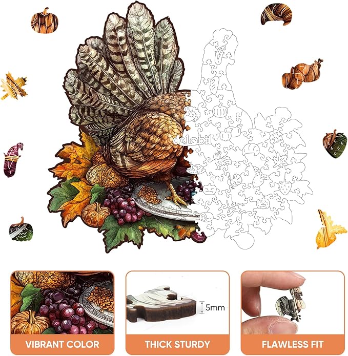 delobil Thanksgiving Wooden Puzzles for Adults, Autumn Table Turkey Jigsaw Puzzles 200Pcs, 11.2x10.7in, Medium Size, Unique Shape Adult Fall Puzzle, Thanksgiving Gift for Adults and Kids Family Game