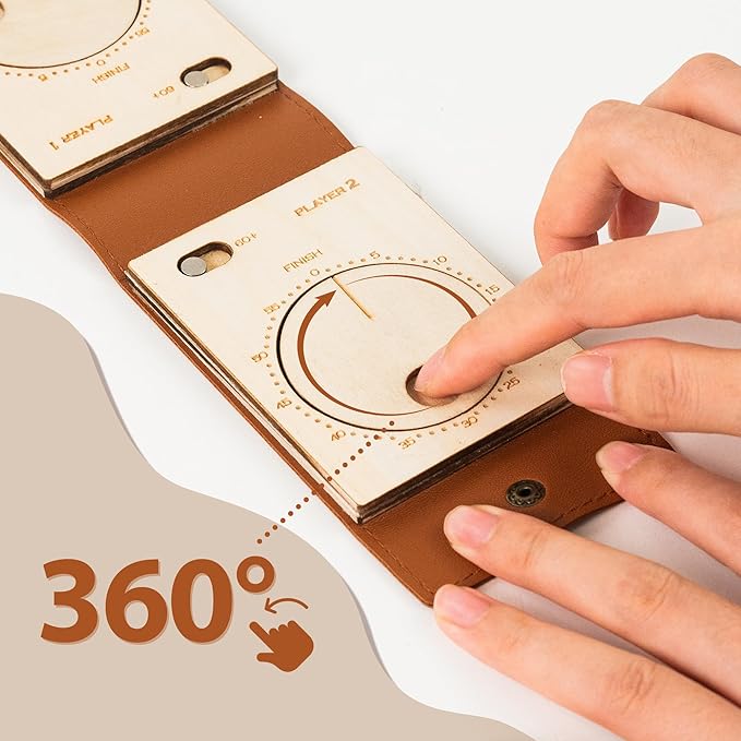 Travel Cribbage Board Game Set, Portable Unique Peg-Free Cribbage Board, Leather & Magnetic Rotating Wood Scoreboard with Playing Cards, Pocket Sized Tiny Card Game Board