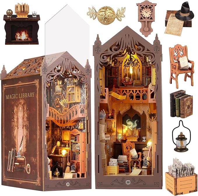 [2025 New] Magic Bookstore Book Nook Kit with Dust Cover & LED Light, DIY Miniature House Kit Toy, 3D Wooden Puzzle Bookshelf Decor Building Kit, Birthday Gifts for Family & Friends