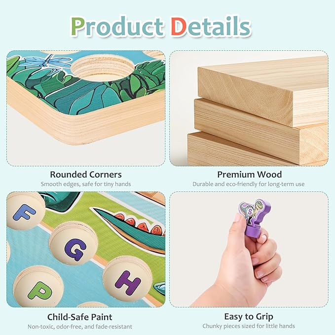 Wooden Dinosaur Magnetic Fishing Game for Toddlers Ages 3-5 with 2 Pods, ABC Alphabet Learning Toy with Spelling Cards, Preschool Educational Montessori Toys, Gift for Boy Girl