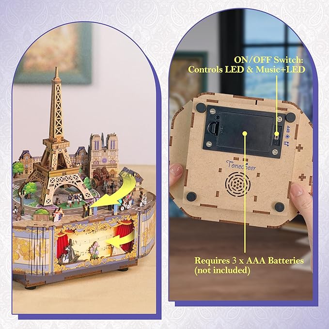 Tonecheer Wooden Music Box Puzzle for Adults, DIY Rotating Music Box Kit 3D Creative Musical Puzzle Crafts Model Building Kits Desk Decor Birthday (Romantic Paris)