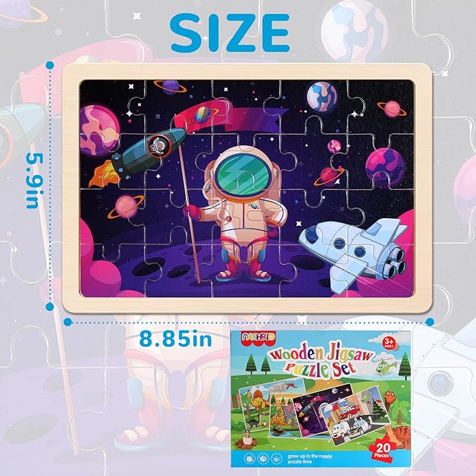 Wooden Puzzles Toys for Kids Ages 3-5, Set of 4 Packs Dinosaur, Space, Transportation Wood Toddler Puzzles, Preschool Brain Teaser Toys for Boys and Girls 2 3 4 5 6 Years Old