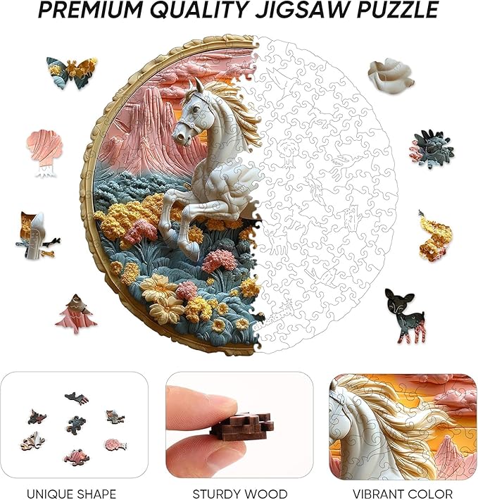 Wooden Puzzle for Adults 200 Piece - 3D Vision Effect Galloping White Horse Wooden Puzzle Unique Shape Advanced Wooden Jigsaw Puzzle, Wood Puzzles, Challenge Wooden Jigsaw Puzzle(11.2 x 11.2 in)