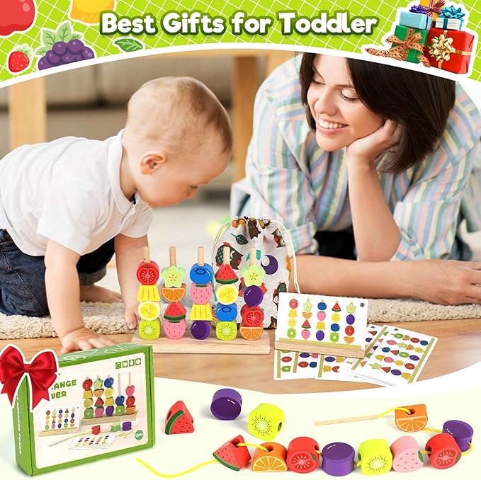Montessori Wooden Beads Stacking Toys: 2 3 4 Year Old Boys Girls Birthday Gifts - Toddler Sequence Game & Sorting Blocks & Lacing & Matching Shape - Preschool Learning Activities for 2-5 Years Kids