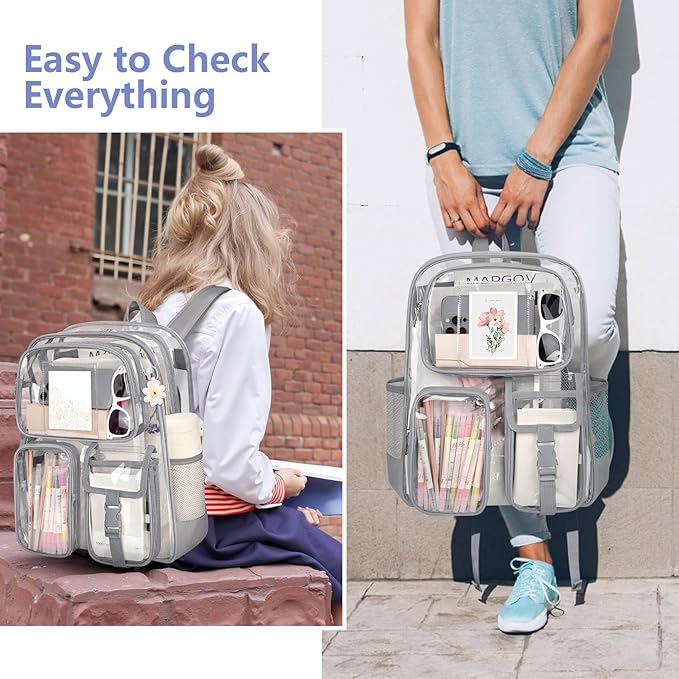 Attmu Gray Clear Backpack, Heavy Duty PVC Clear Bag for Stadium Events, Transparent Backpack with Reinforced Straps & Stitches for Girls Boys, Large Capacity Bookbag for School, Travel, College, Work