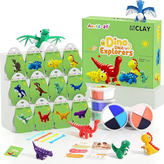 Air Dry Clay Kit - Dinosaur Theme, Modeling Clay for Kids, DIY Model Magic with Sculpting Tools and Tutorials, 12 Boxes Molding Clays, Ultra Light, Soft & Non-Sticky, Arts and Crafts Gift for Kids