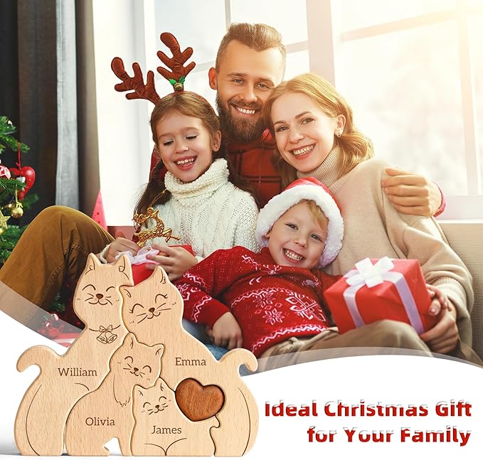 Wooden Mommy Cat Family Puzzle, Personalized Puzzles with 2-5 Names, Mothers Day Birthday Personalized Gifts for Mom Dad Grandma Kids Boys Girls Toddler, Christmas Thanksgiving Decor