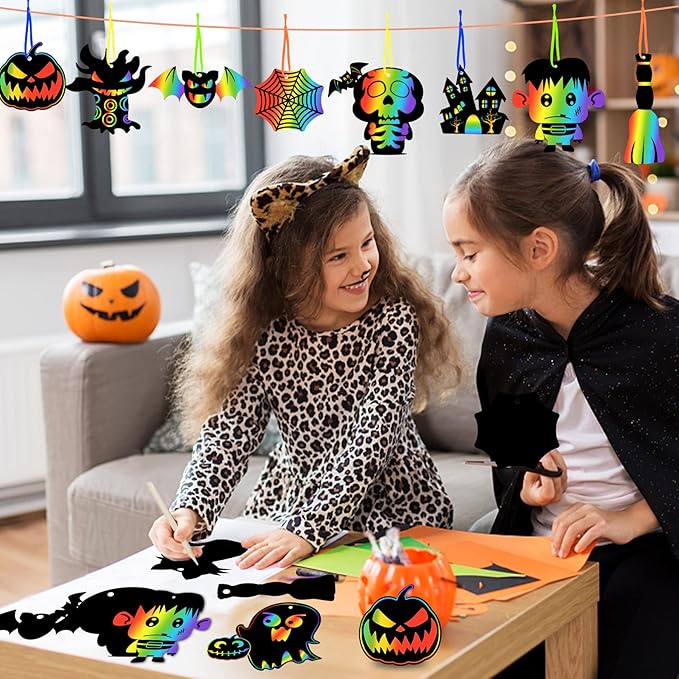 JULMELON Halloween Craft Kits, 48PCS Rainbow Magic Scratch Art Halloween Hanging Ornaments Halloween Crafts Scratch Paper Halloween Party Favors Games