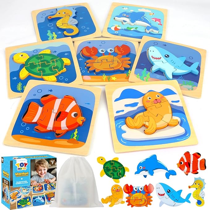 TOY Life Toddler Puzzles Ages 2-4, Wooden Puzzles for Toddlers 1-3, 7 Pcs Sea Animals Puzzle 2 Year Old, Montessori Toddler Boys Girls Toys 2-3, Educational Gift Learning Toys for 2 Year Old