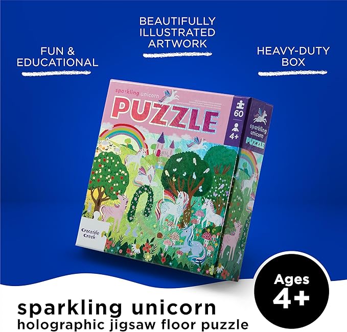 Crocodile Creek 60-Piece Holographic Foil Floor Puzzle for Kids Ages 4-8 and Up - Heavy-Duty Box for Storage - Sparkling Unicorn - 14” x 19” Finished