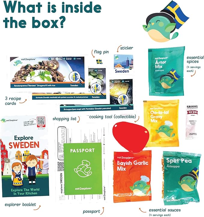eat2explore Cooking Kits for Kids - Interactive & Educational Set with 3 Recipe Cards, Key Ingredients & Cooking Tools - Ideal Idea for Kids who Love to Create Meals (Sweden Edition)