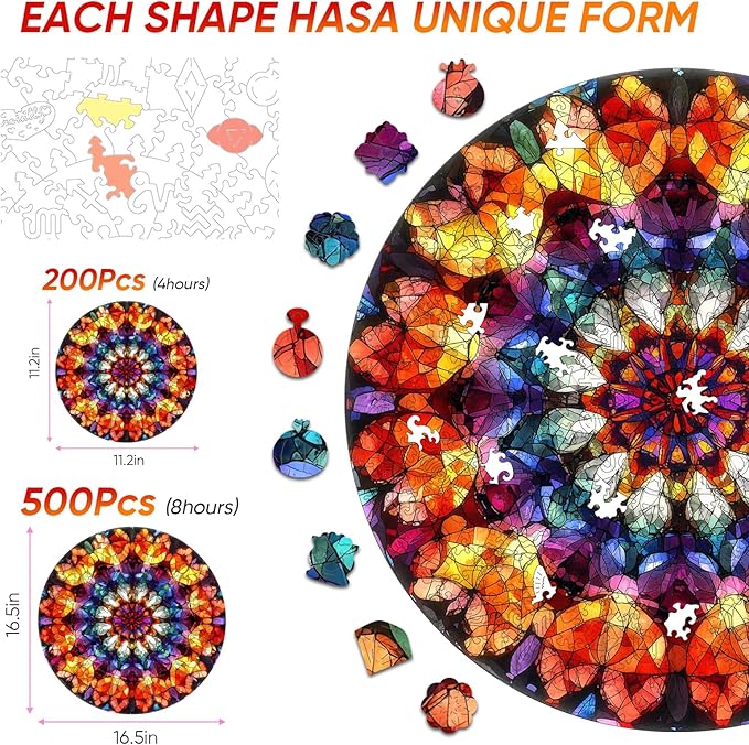 Wooden Jigsaw Puzzles - Crystal Mandala Wooden Puzzles for Adults 500 Pcs, 16.7'' Luxurious Shaped Wood Puzzle, Beautiful Package, Best Gift Toys for Adults and Kids, Family Game