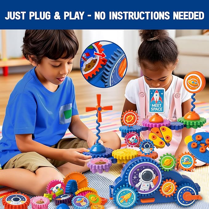 Motorized Spinning Gear Building Toys for Kids, Space Rocket STEM Construction Set, Educational Interlocking Building Blocks Puzzle | Gear Toys for Toddlers Ages 3-8