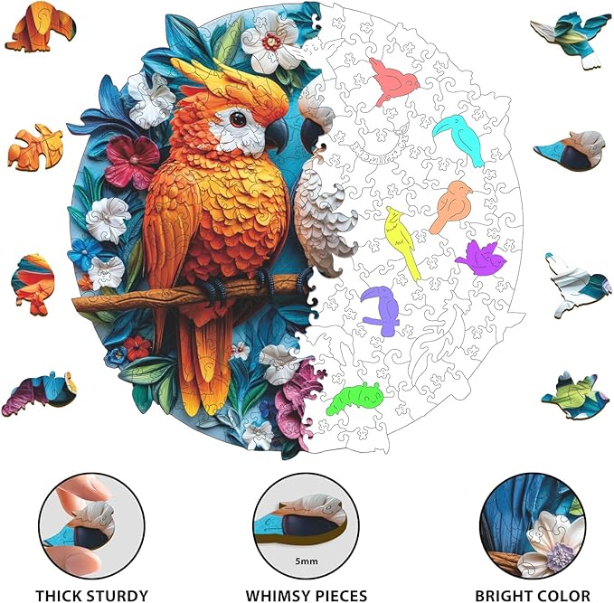 Wooden Puzzles for Adult,Round Parrots Jigsaw Puzzles 500 Pieces 5mm Thickness, Unique Shaped Bird Puzzle Fun Challenging Gift for Kids and Adults on Birthday,Christmas, 16.5 x 16.5 Inches