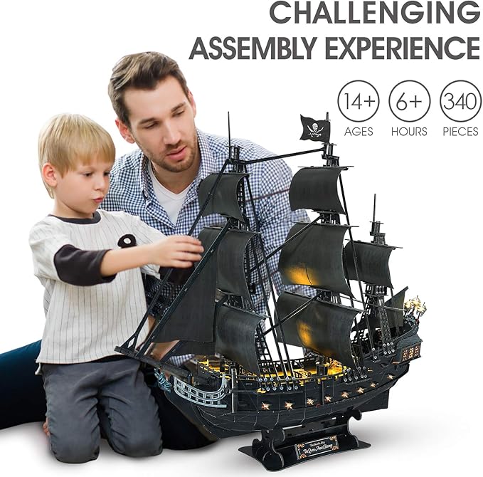 CubicFun 3D Puzzles for Adults - Led Pirate Ship Queen Anne's Revenge - Large 27'' Sailboat Puzzles - Desk Decor, Anniversary, Christmas Teacher Appreciation Gifts Adult Stocking Stuffers