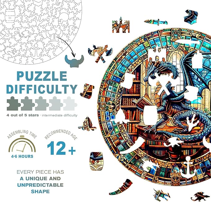 Wooden Puzzles for Adults - The Dragon's Library Wooden Jigsaw Puzzle, Unique Animal Shaped Wood Puzzles Adult, Christmas Birthday Gifts for Friends/Family, Home Decor 11.4 * 11.4in 200pcs
