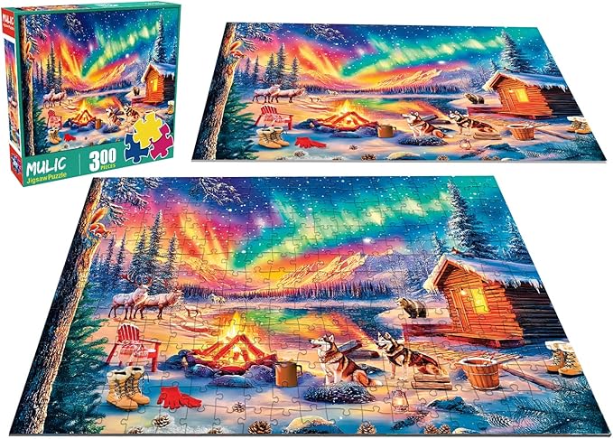 300 Piece Puzzles for Adults - Large Piece Jigsaw Puzzles for Seniors - Campfire Under The Northern Lights
