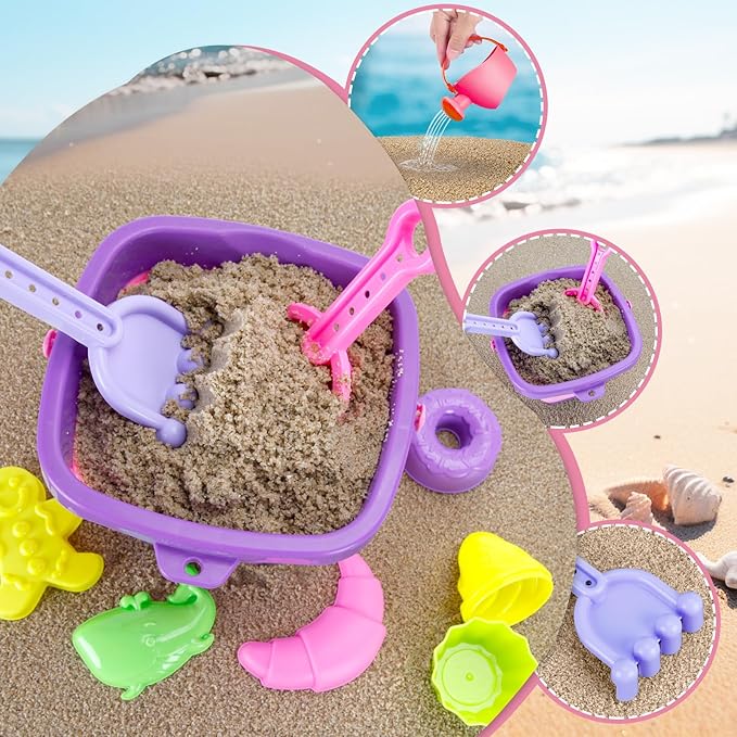 Collapsible Beach Toys Set for Kids Girls Ice Cream Sand Toys Set with Bucket & Shovels Set & Sand Molds and Mesh Bag, Travel Sandbox Toys for Toddlers Age 3-10