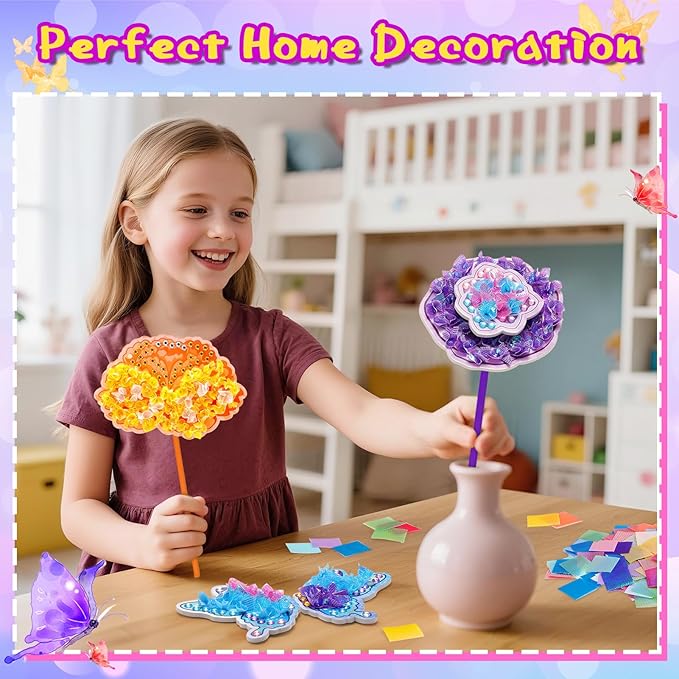 CrispPlay Crafts for Kids Ages 4-8 8-12 Girls Toys, 8pcs Poke Art Craft Kits for 4 5 6 7 8 9 Year Old Girls Birthday Christmas Gifts, DIY Bouquet & Butterfly, Mess Free