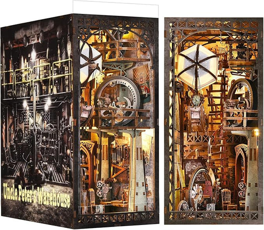 Book Nook Kit - DIY 3D Wooden Puzzle Bookend with LED Lights, Miniature Dollhouse Bookshelf Decor for Adults,Uncle Peter's Warehouse
