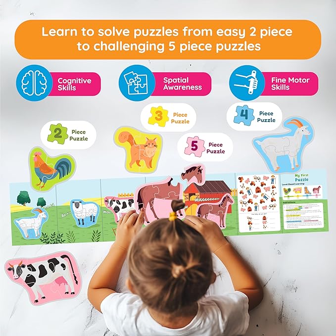My First Puzzle - Montessori Toy, 12 Graded Puzzles, 2-5 Pieces (Farm Animals)