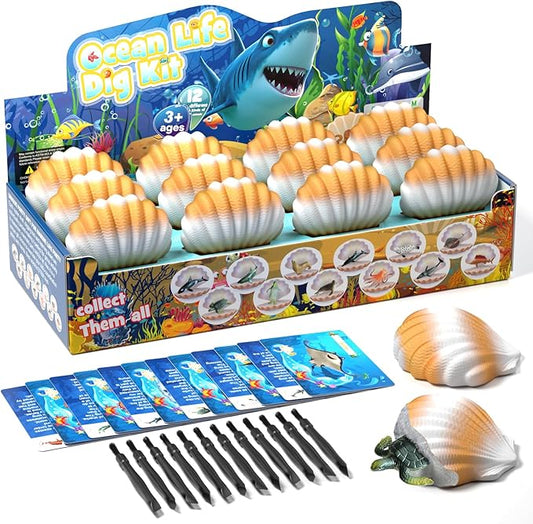 EARTH'SCODE Ocean Animals Dig Kit, Seashell Excavation Dig Bricks, Science Educational Gift for Kids