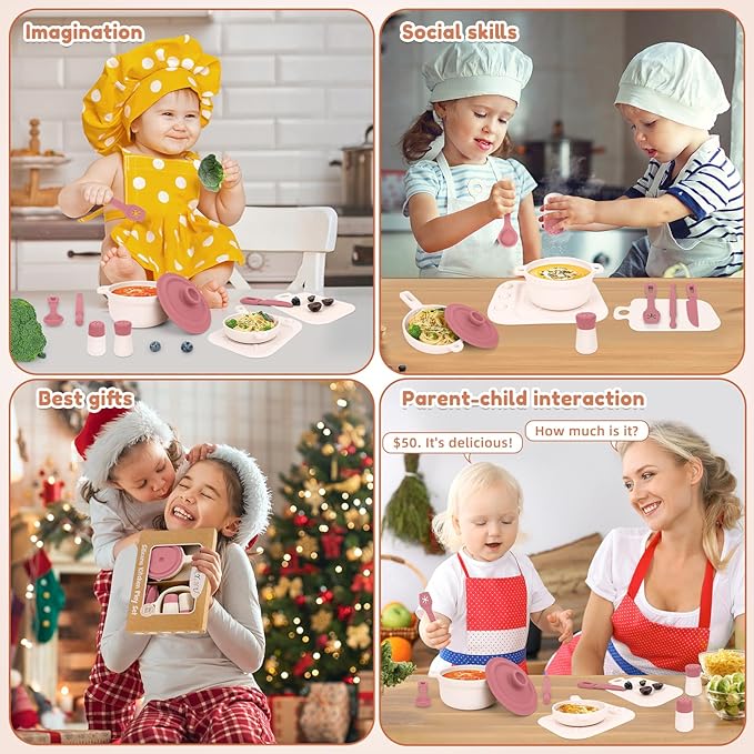 TYRY.HU Play Kitchen Accessories, 11Pcs Pretend Play Toys, BPA Free Silicone Play Kitchen Set, Pretend Play for Toddlers 1-3, Play Kitchen Cooking Utensils Pots & Pans, Learning Gifts for Kids, Pink