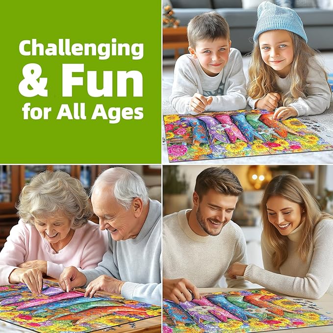 Beautiful Boots and Flowers Puzzles for Adults 1000 Pieces Funny Colorful Vintage Artwork Vibrant Jigsaw Puzzles 1000 Pieces Challenging Family Puzzle with Letters on Back Gift for Boys and Girls