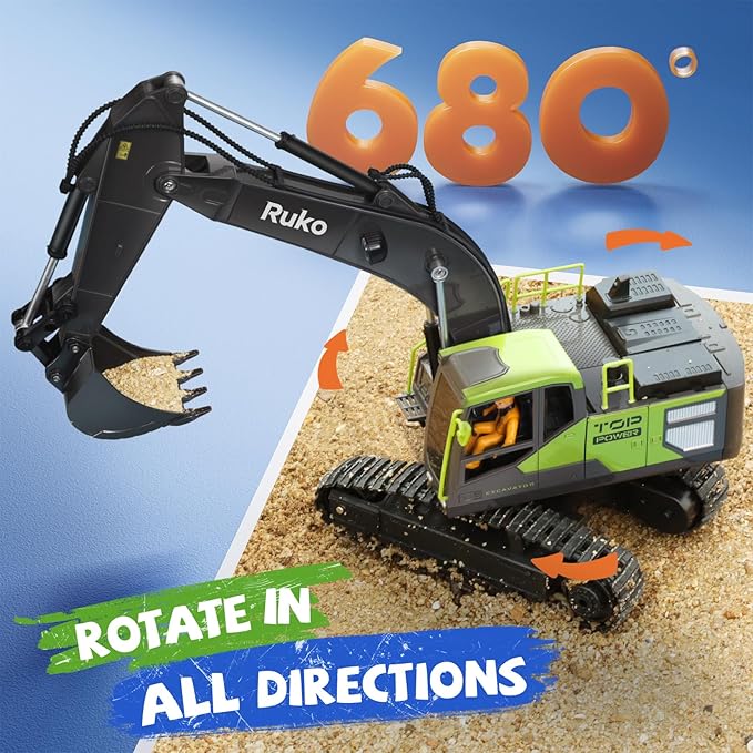 Ruko 1661 Remote Control Excavator Toys for Boys, 2.4Ghz RC Construction Vehicles with Metal Shovel & Simulated Lights Gift for Kids