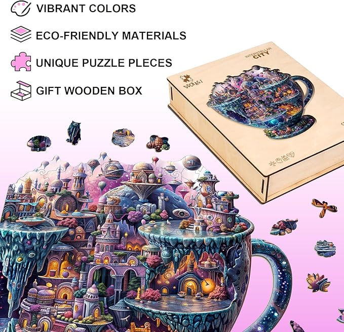 Wooden Puzzles for Adults - Interstellar City Wooden Jigsaw Puzzle - Unique Animal Shaped Wood Puzzles Adult - Christmas Birthday Gifts for Adults/Friends/Family - 240pcs 13.4 * 13.1in