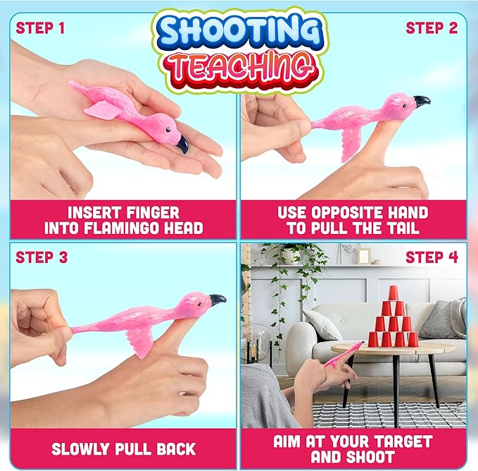 PICK A TOY 36 Pcs Flamingo Party Favors Toys for Kids, Bird Shooter Game Finger Flicker, Tropical Themed Decorations, Treasure Chest for Kids Prizes, Flying Chicken Slingshot