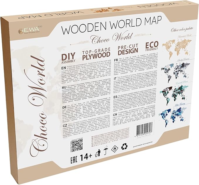EWA Eco-Wood-Art - Wooden Puzzles for Interior and Design - World map - Souvenir, Gift, Kitchen, Home Decor, Interior (Choco World 114 Pieces)