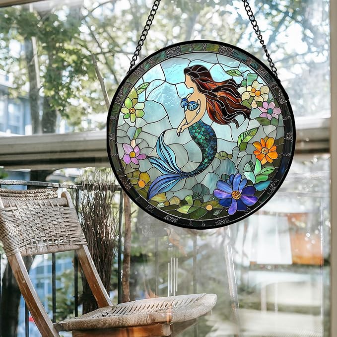 Stained Glass Window Hanging - Light Blue Mermaid Suncatcher for Door Terrace Garden Home Decor, Ocean Flowers Sun Catcher Birthday Gifts for Lovers Women Men Dad Mom Nana 9.8 in