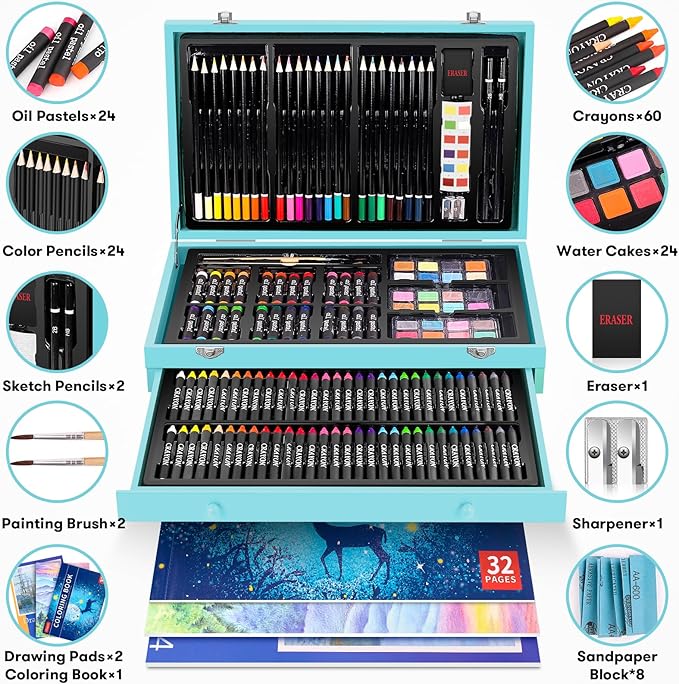 Arts and Crafts Gifts for Kids 6-14 Year Teens Boys Girls Christmas Gifts, 150-Pack Art Set Kits with 2 Sketch Pads, Coloring Book, 24 Colored Pencils, 24 Oil Pastels, 24 Watercolor, 60 Crayons