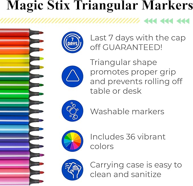 The Pencil Grip Magic Tri Stix, Non-Toxic and Washable Markers For Kids, 36 Assorted Stix Markers, TPG-399