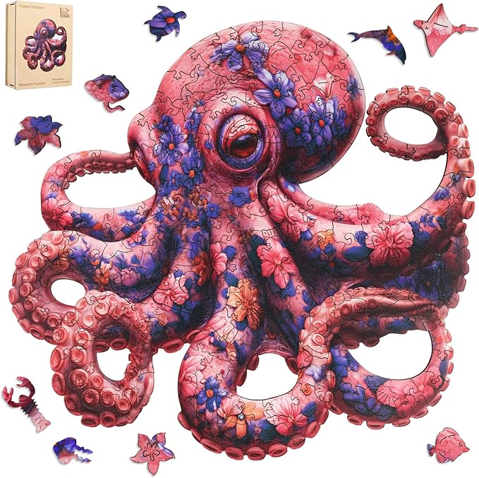 Leodozzio Wooden Puzzles for Adults, Pink Flower Octopus Jigsaw Puzzles 200 Pieces-5MM Thickness, 11.4x10.9 Inch, Unique Shaped Wooden Puzzle, Birthday Gift Family Game
