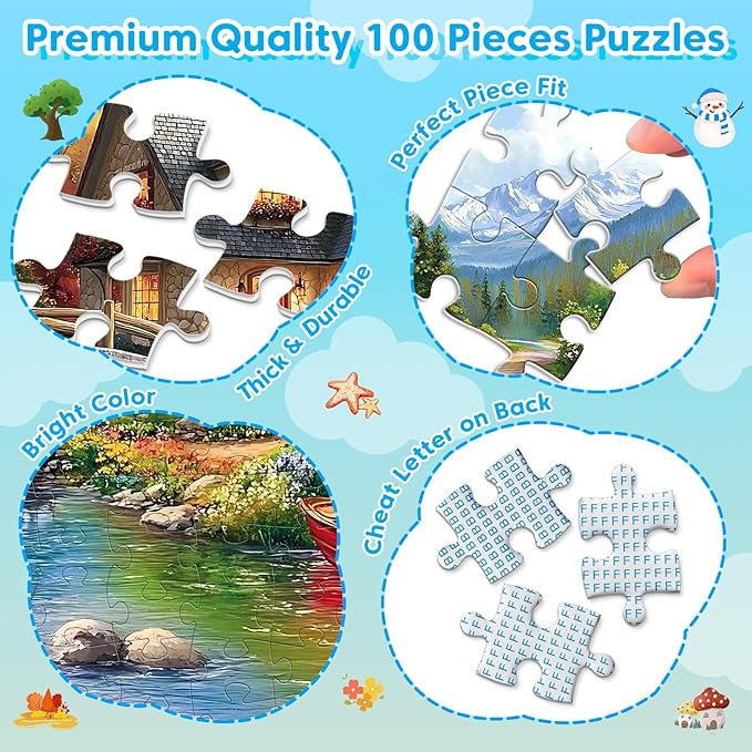 4-Pack 100 Piece Puzzles for Seniors Country Life Large Piece Puzzles for Seniors Puzzle Dementia Alzheimer's Products Activities for Elderly Adults Kids Puzzle for Kids Ages 6-8 8-10