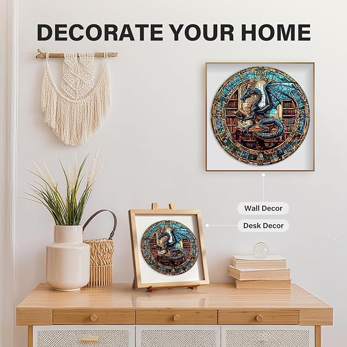 WOODBESTS Wooden Puzzles for Adults (200 Piece, M, 11.4"x11.4") Dragon's Library Wood Puzzle Adult, Unique Wooden Animal Jigsaw Puzzles, Family Game and Birthday Gifts for Friend