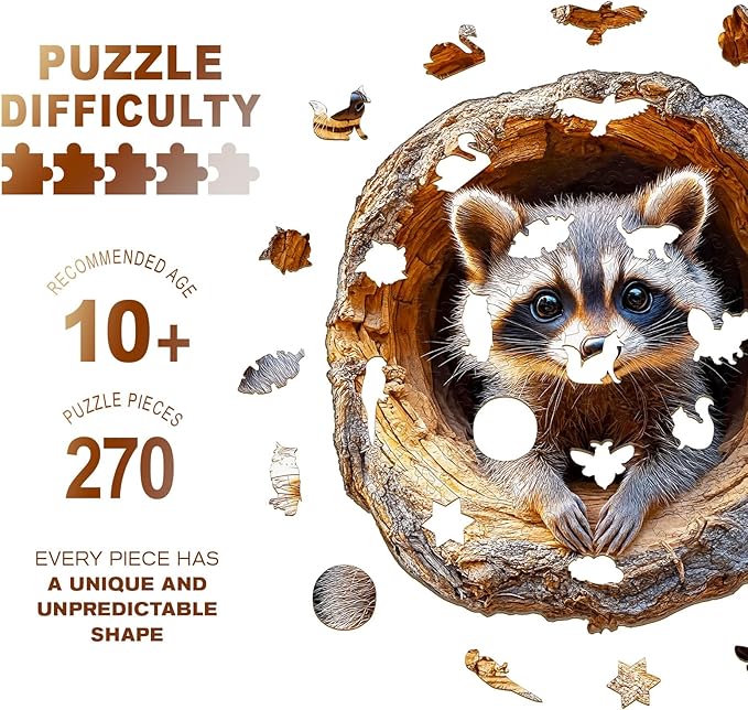 Wooden Jigsaw Puzzles, Tree Hole Raccoon Wooden Puzzles for Adults with Unique Shape, Adult Jigsaw Puzzle, Birthday Gifts for Adults, 13.4"x12.9" - 270pcs
