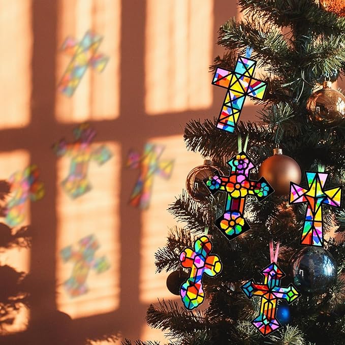 EggSun 36 Sets Cross Suncatchers Craft Kit for Kids Ornaments Stained Glass Window Arts and Crafts Kit for Sunday School Holiday Birthday Supplies Home Christian Decorations Ages 4 8 12